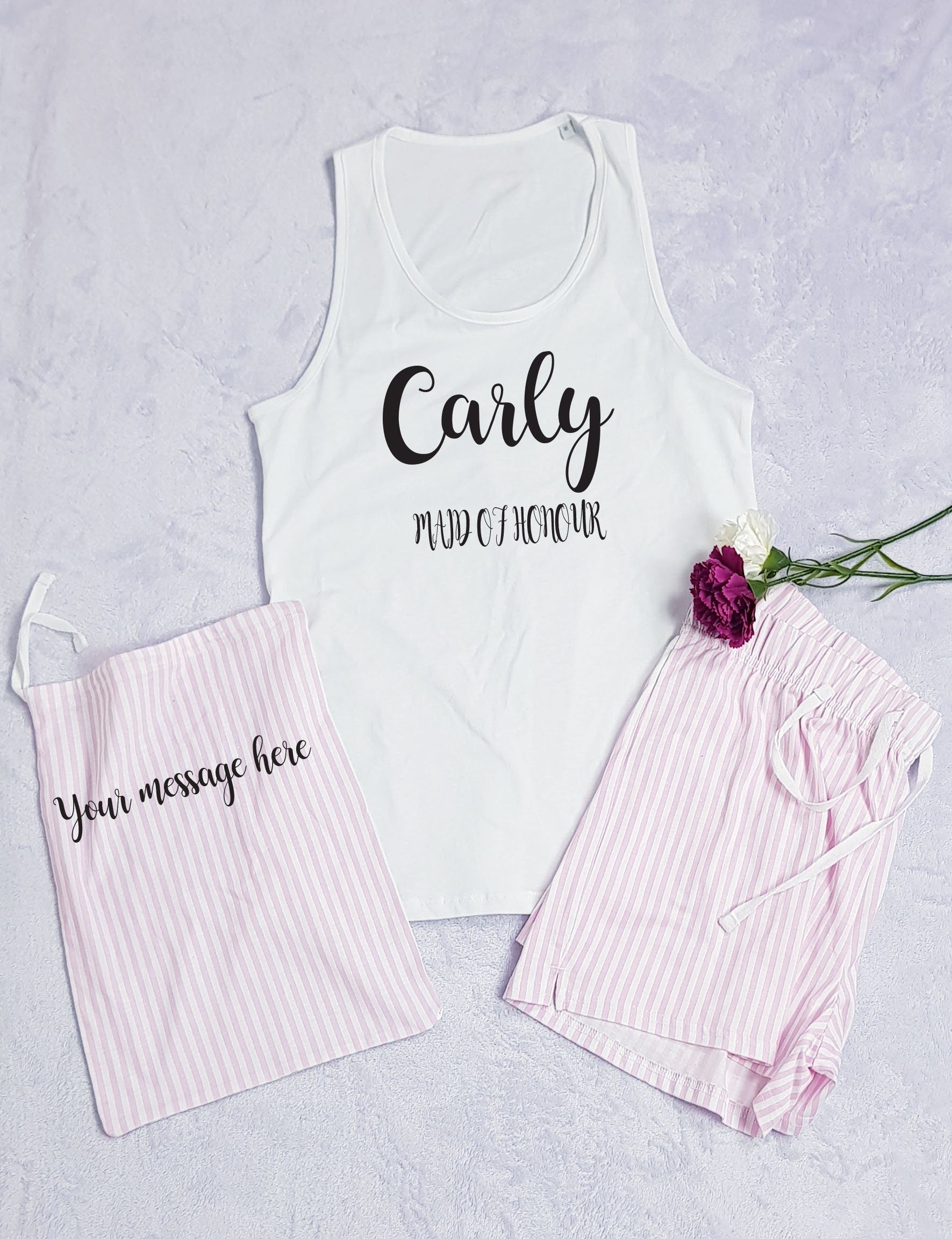 Matching personalised pouch included with pink bride pyjama short set