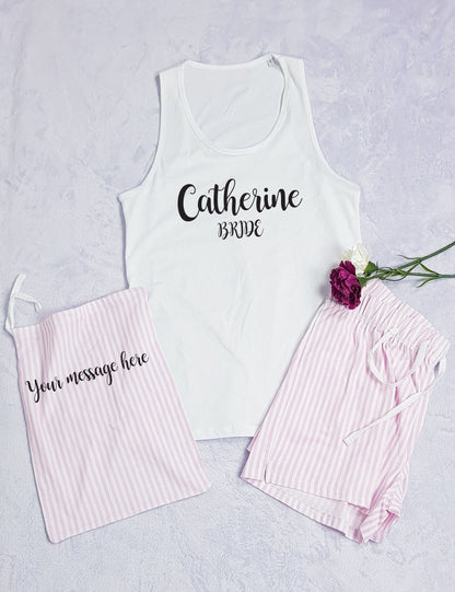 Pink striped personalised bride pyjama short set with matching pouch and custom name