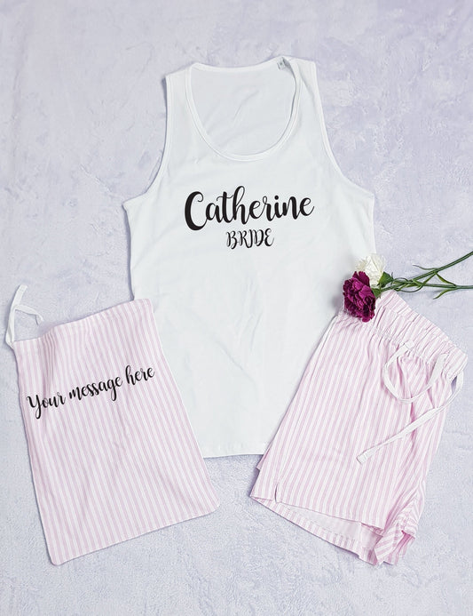 Pink striped personalised bride pyjama short set with matching pouch and custom name