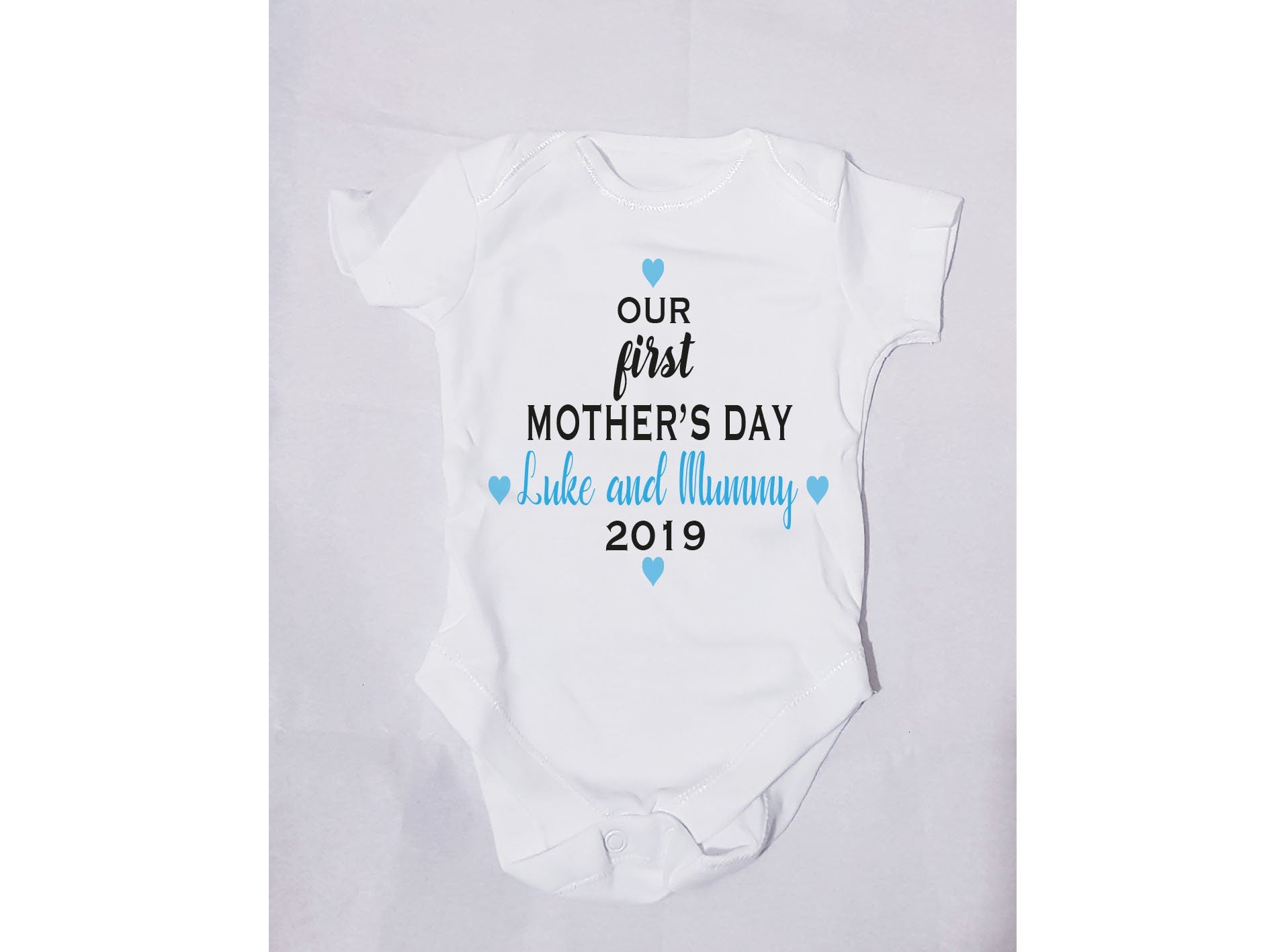 Our First Mothers Day baby grow with blue name personalisation for boys