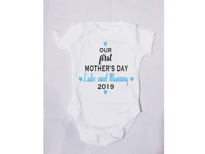 Our First Mothers Day baby grow with blue name personalisation for boys