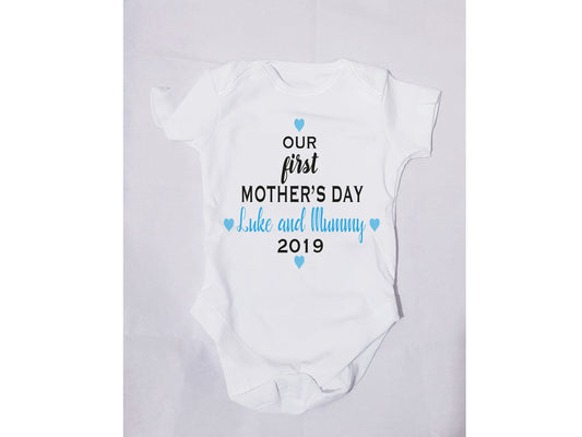 Our First Mothers Day baby grow with blue name personalisation for boys