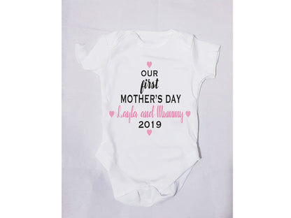 Our First Mothers Day baby bodysuit with personalised mum and baby names in pink