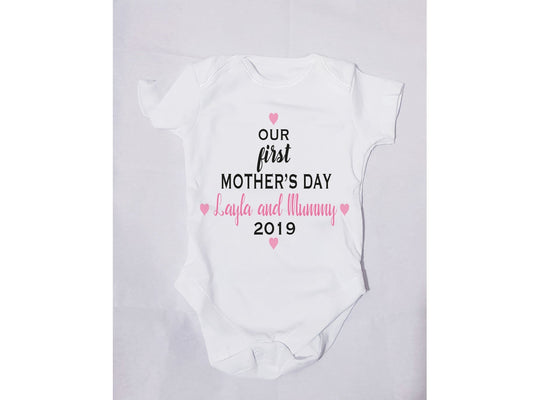 Our First Mothers Day baby bodysuit with personalised mum and baby names in pink