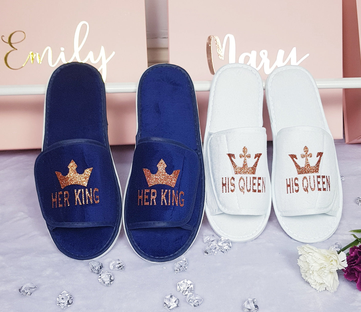 His Queen Her King matching couple's spa slippers in white and navy blue displayed as a pair
