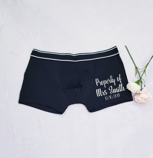 Personalised groom wedding boxer shorts with Property of Mrs design, bride's name and wedding date
