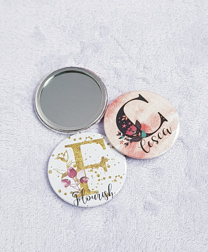 Close-up of gold floral initial and name personalisation on compact pocket mirror