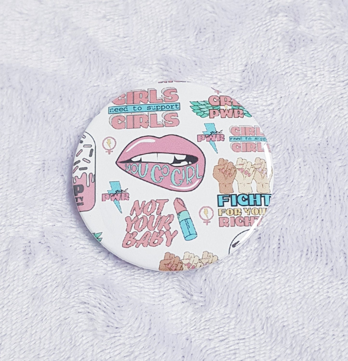 Girl Power compact mirror showing front vintage design and back mirror surface