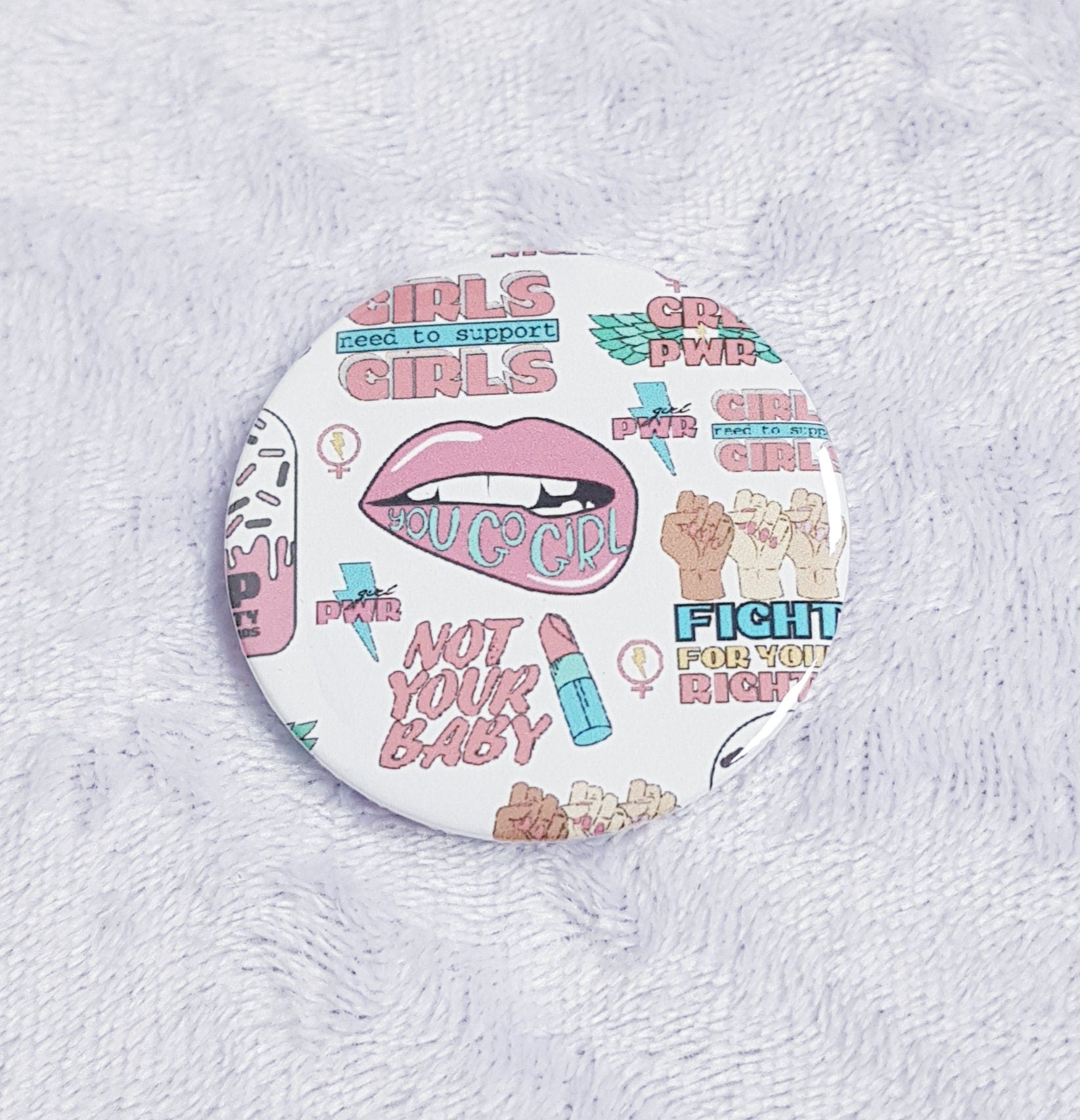 Girl Power compact mirror showing front vintage design and back mirror surface