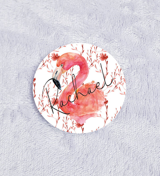 Personalised flamingo compact mirror with watercolour flamingo design on coral leaf background