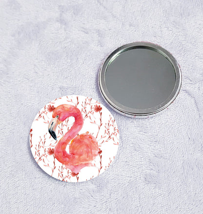 Personalised flamingo pocket mirror showing front design and mirror back