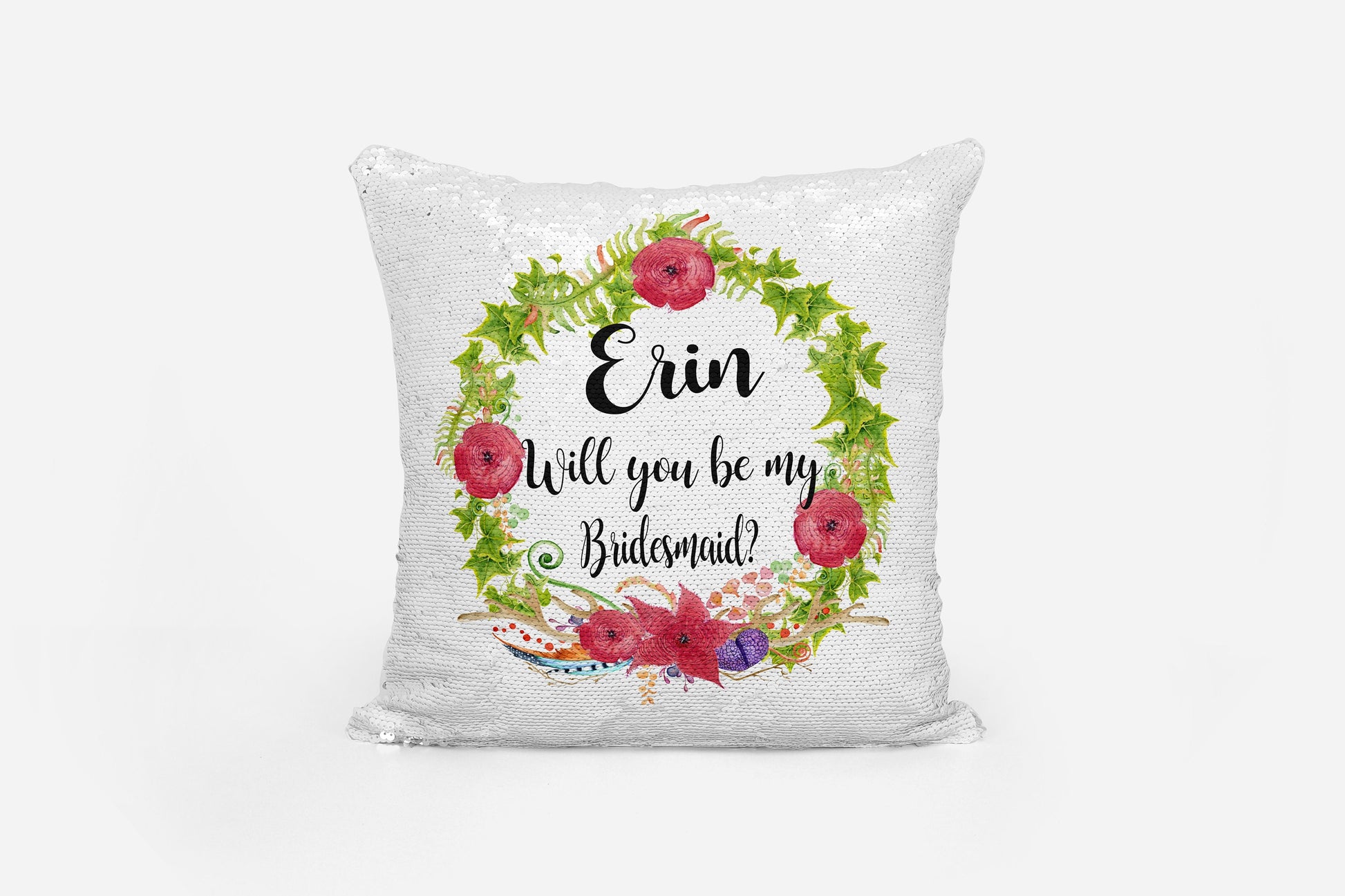 Personalised sequin cushion covers in multiple colours for bridesmaid proposals and gifts