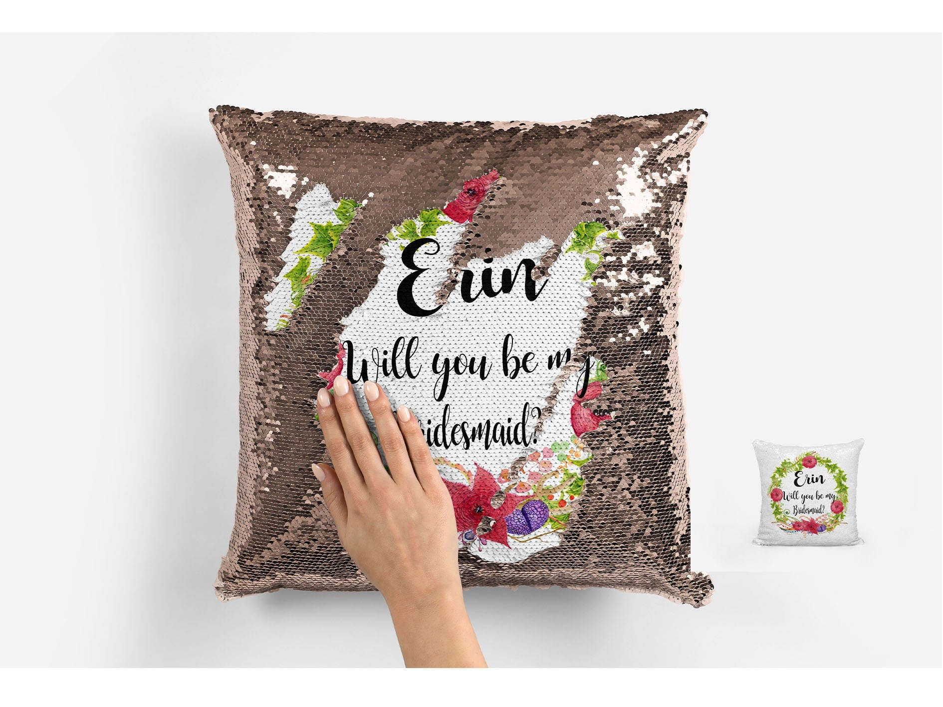 Personalised champagne sequin reversible cushion cover showing custom message revealed by swiping