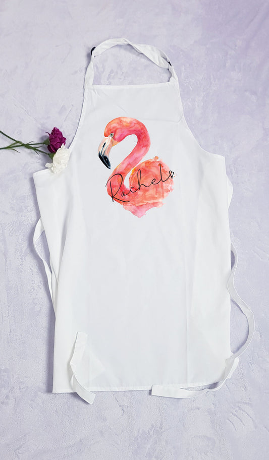 Personalised flamingo print apron with custom name, colourful polyester twill kitchen apron