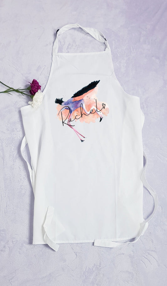 Personalised flamingo apron with custom name and colourful flamingo design
