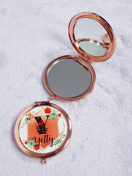 Personalised rose gold foldable compact mirror with custom name for bridal party gifts