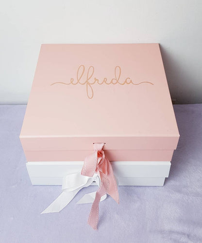 Personalised white magnetic gift box with custom message, showing premium magnetic lid closure