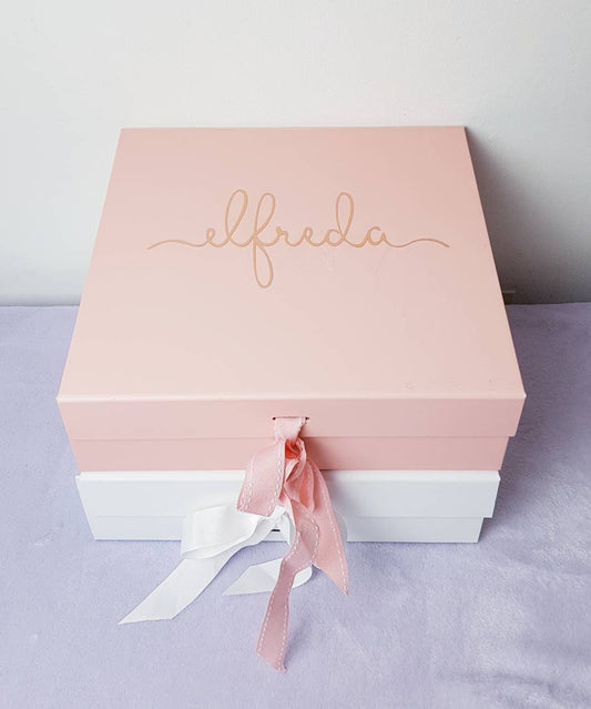 Personalised white magnetic gift box with custom message, showing premium magnetic lid closure