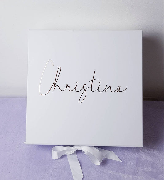Personalised pink bridesmaid gift box with gold vinyl and magnetic lid, medium and large available