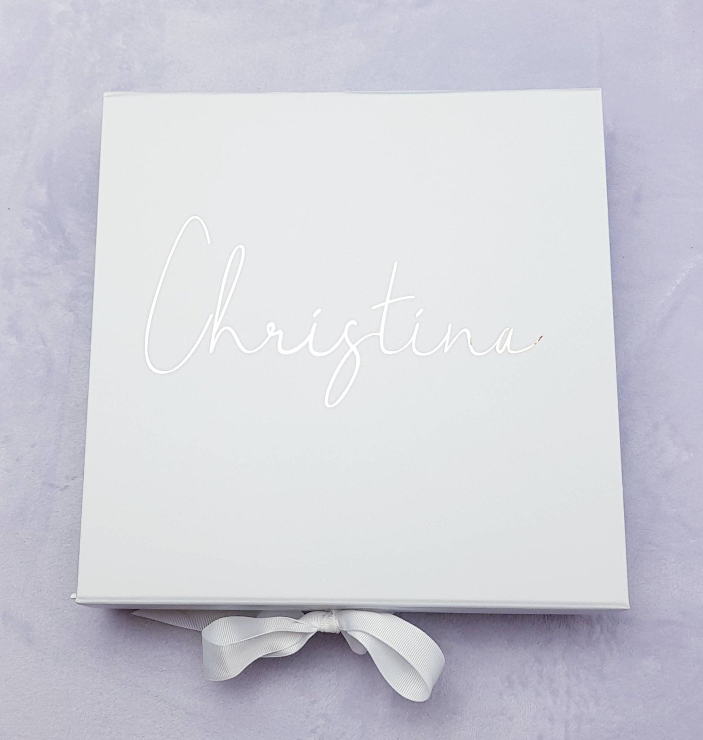 Personalised white bridesmaid gift box with ribbon and custom vinyl text