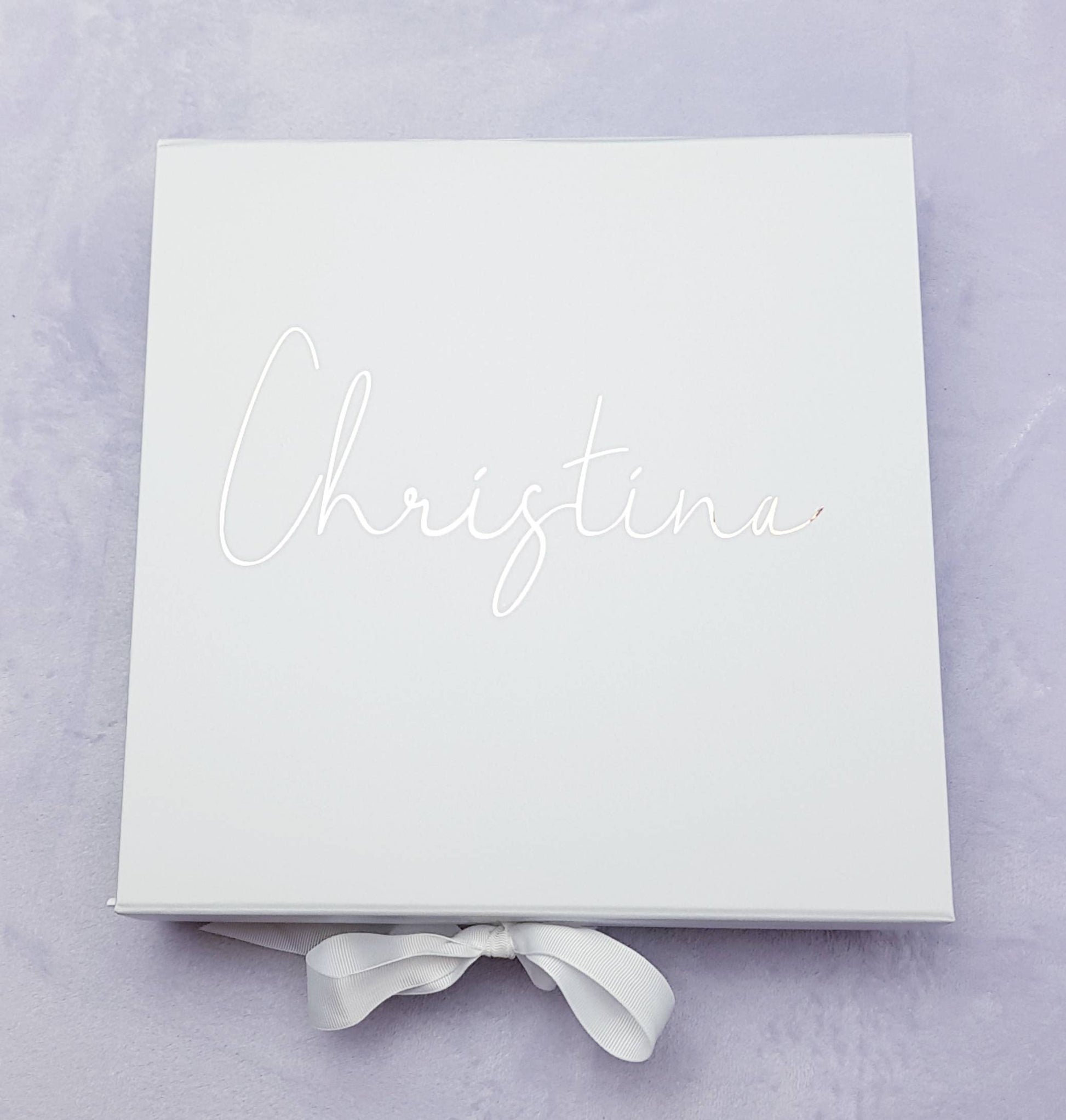 Personalised white bridesmaid gift box with ribbon and custom vinyl text