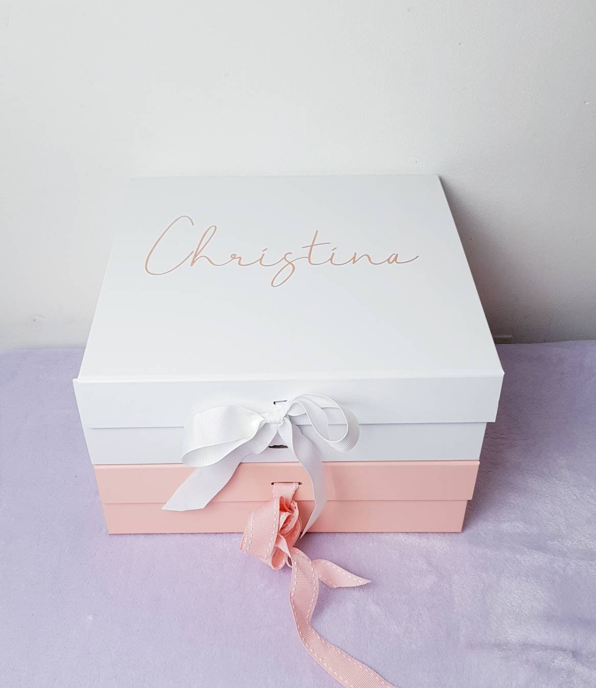 Medium and large personalised bridesmaid gift boxes displayed together for size comparison