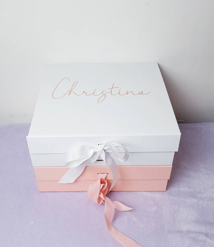 Medium and large personalised bridesmaid gift boxes displayed together for size comparison