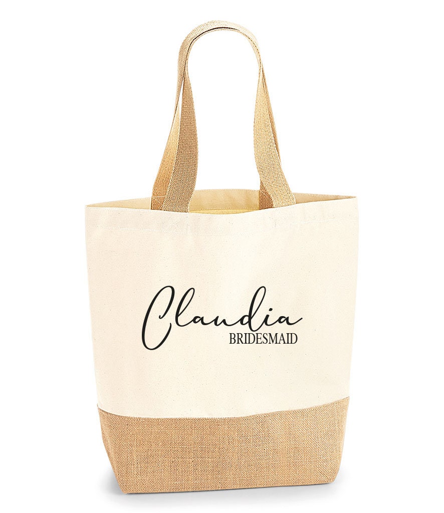 Large personalised tote bag showing sturdy jute construction and size