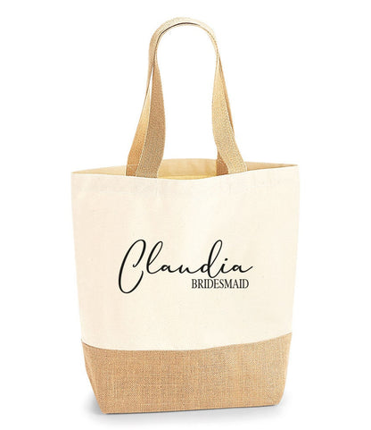 Large personalised tote bag showing sturdy jute construction and size