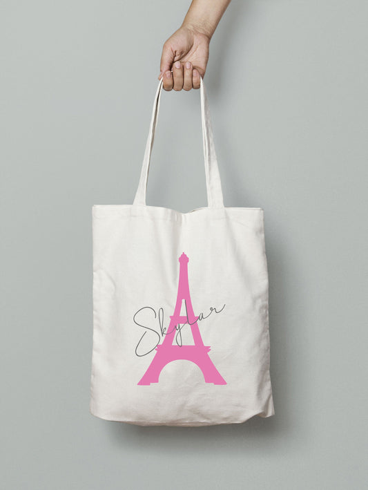 Personalised Eiffel Tower Paris themed tote bag with custom name for Paris lovers