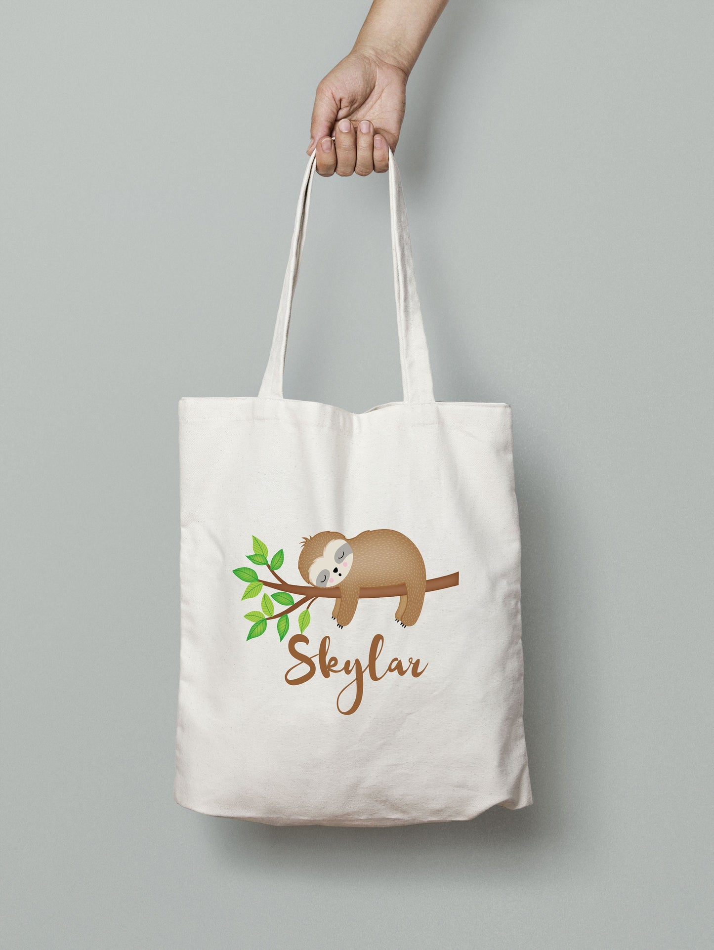 Personalised sloth tote bag with adorable sloth illustration and custom name