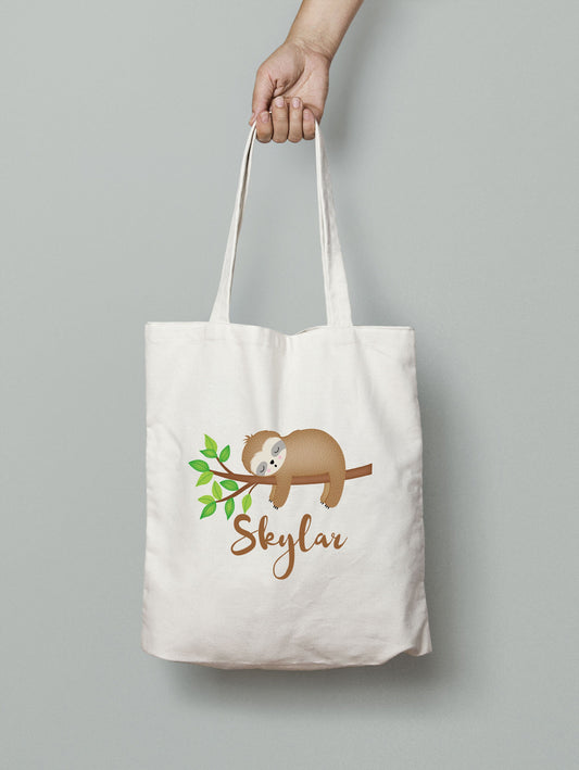 Personalised sloth tote bag with adorable sloth illustration and custom name