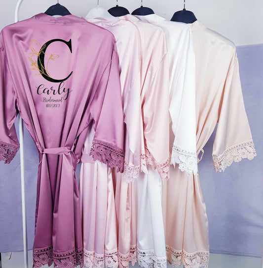 Personalised floral monogram bridal robe in white satin with initial and name