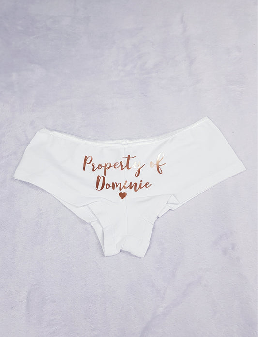 Personalised bridal shortie briefs with Property of groom name design, wedding lingerie