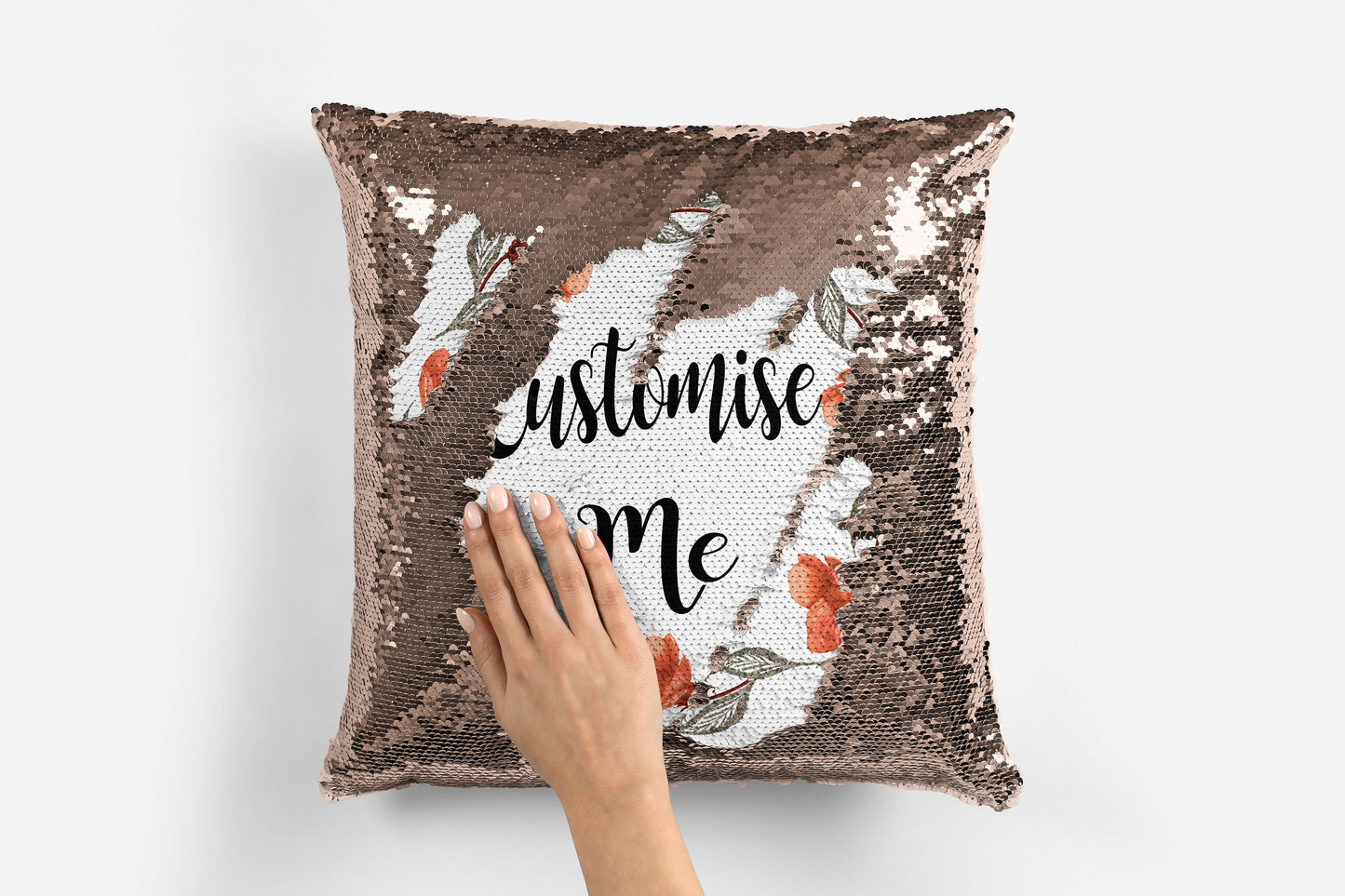 Personalised champagne sequin reversible cushion cover showing custom message revealed by swiping sequins