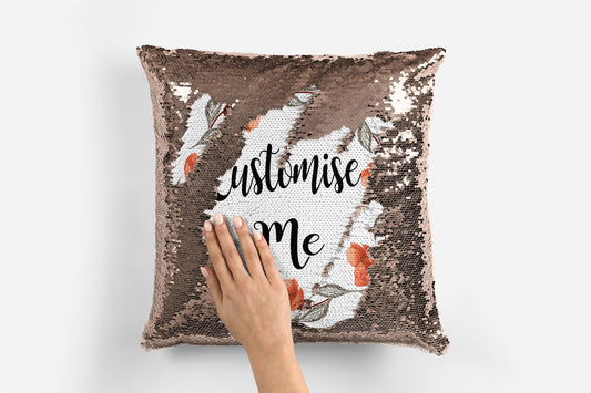 Personalised champagne sequin reversible cushion cover showing custom message revealed by swiping sequins