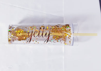 Gold and silver glitter tumblers displayed together showing colour options