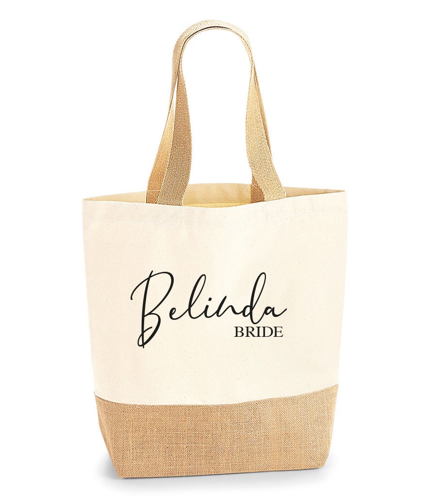 Personalised large jute tote bag with custom name for shopping and gifts