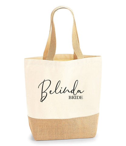 Personalised large jute tote bag with custom name for shopping and gifts