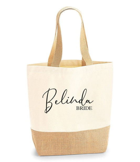Personalised large jute tote bag with custom name for shopping and gifts