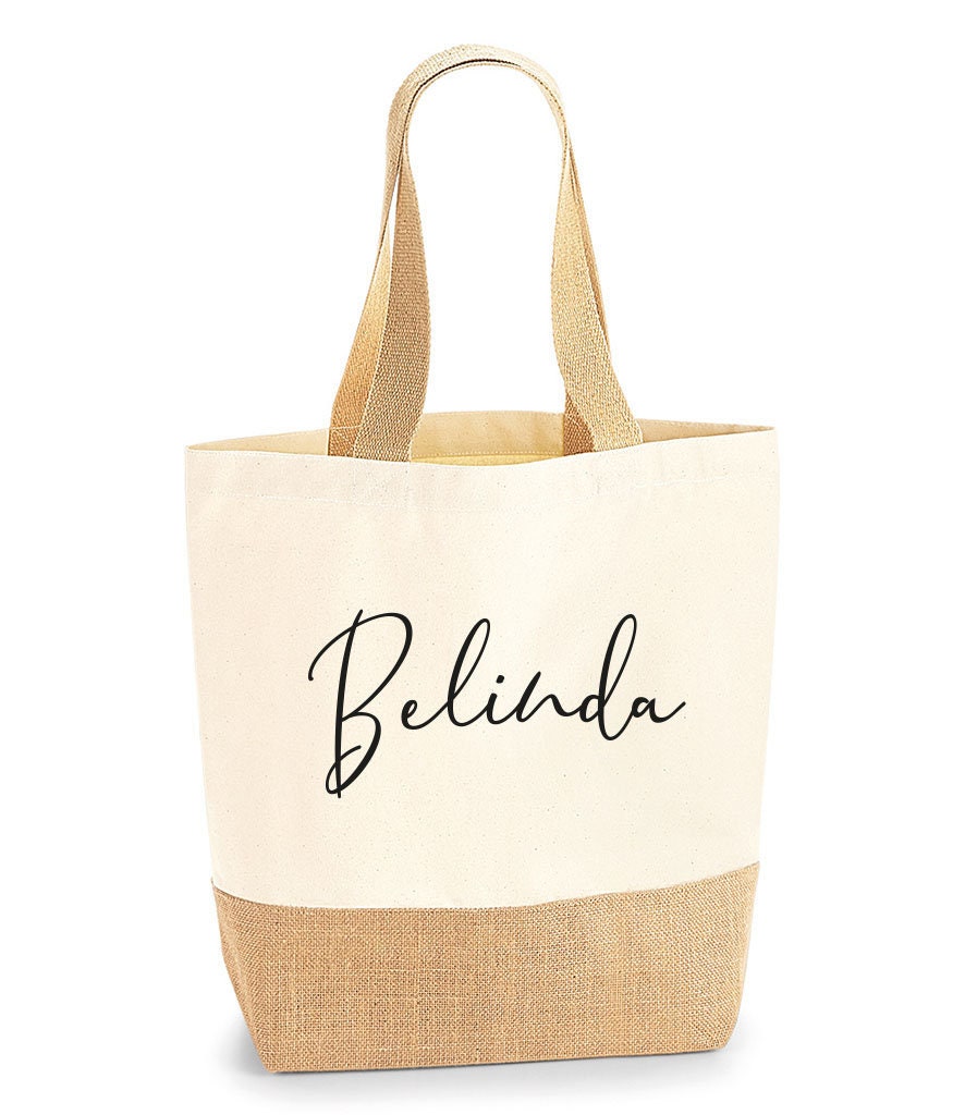 Personalised bridesmaid jute tote bags with name and role