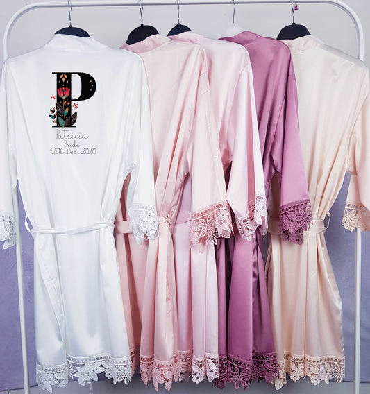 Personalised floral monogram bridal robe in white satin with initial name and role