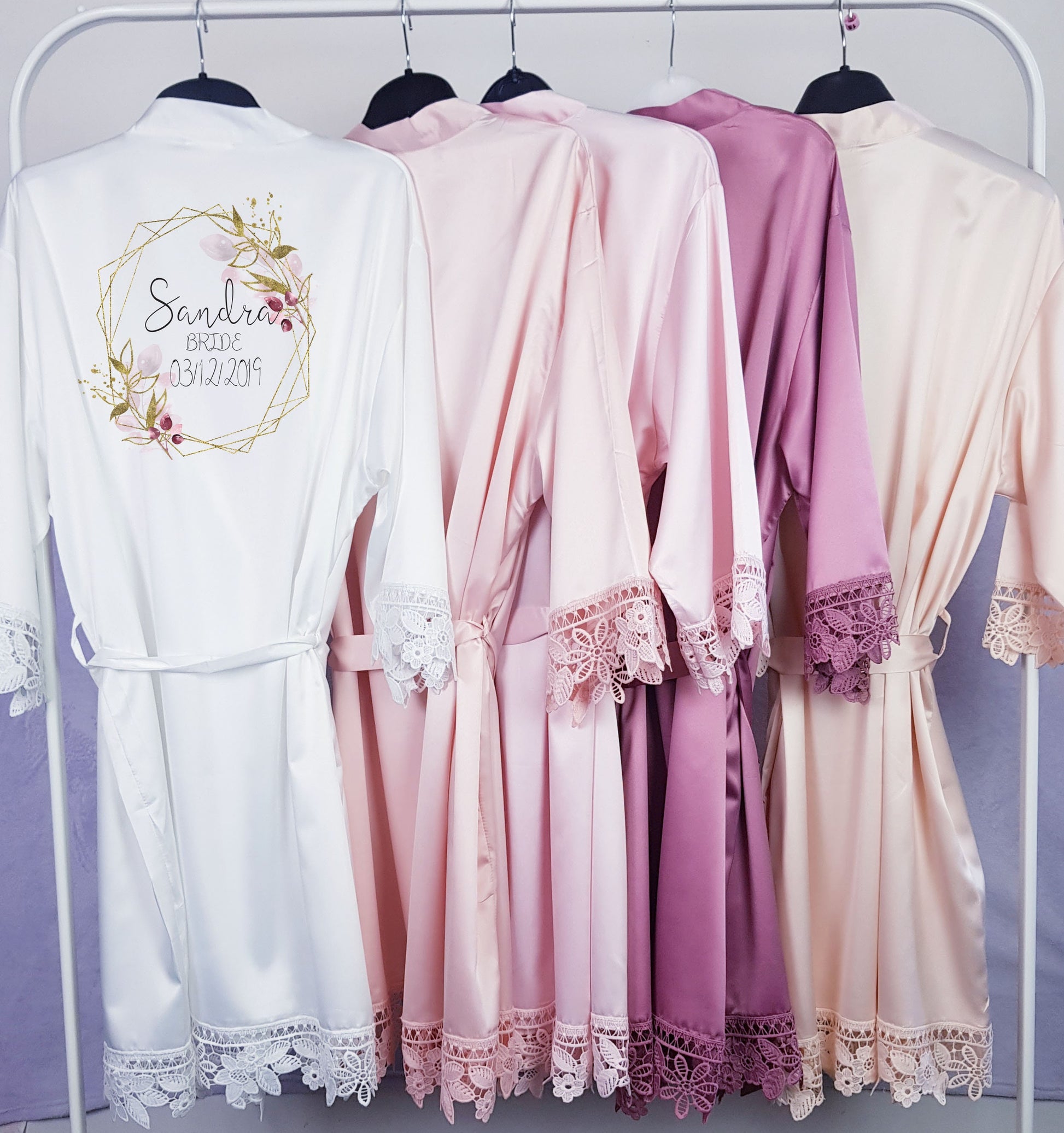 Personalised satin bridal robe in white with floral wreath design, name and wedding role