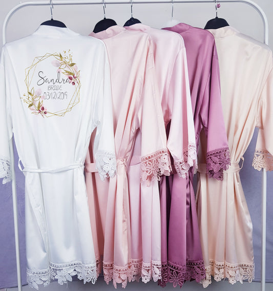 Personalised satin bridal robe in white with floral wreath design, name and wedding role