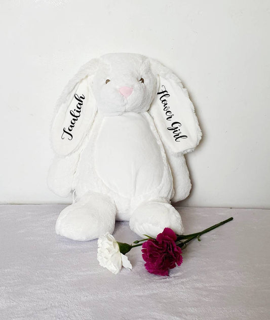 Personalised bunny rabbit soft toy with custom name on ear, 45cm cuddly gift for flower girls and babies