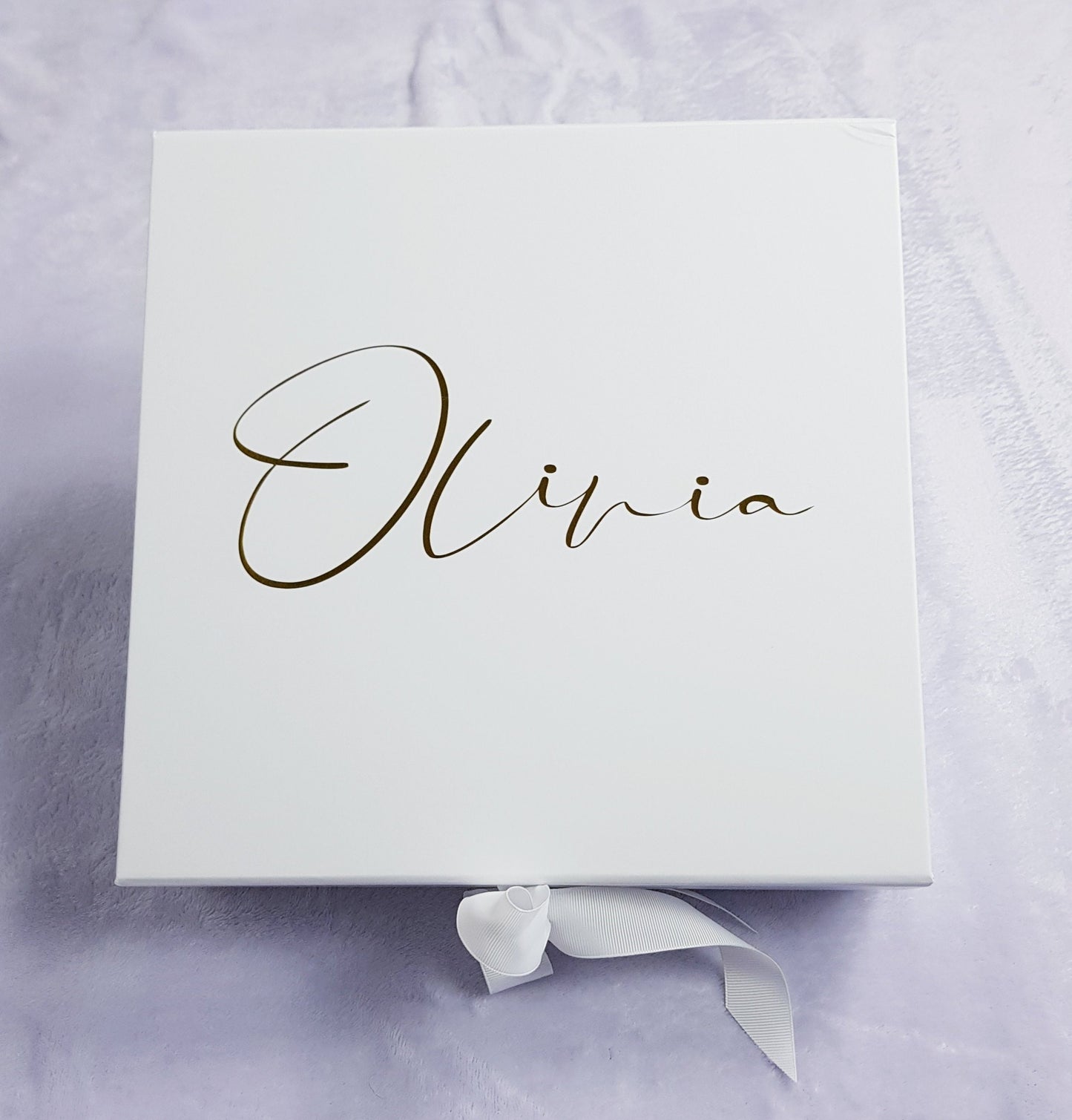 Personalised pink magnetic gift box with gold vinyl text and magnetic closure, open to display interior