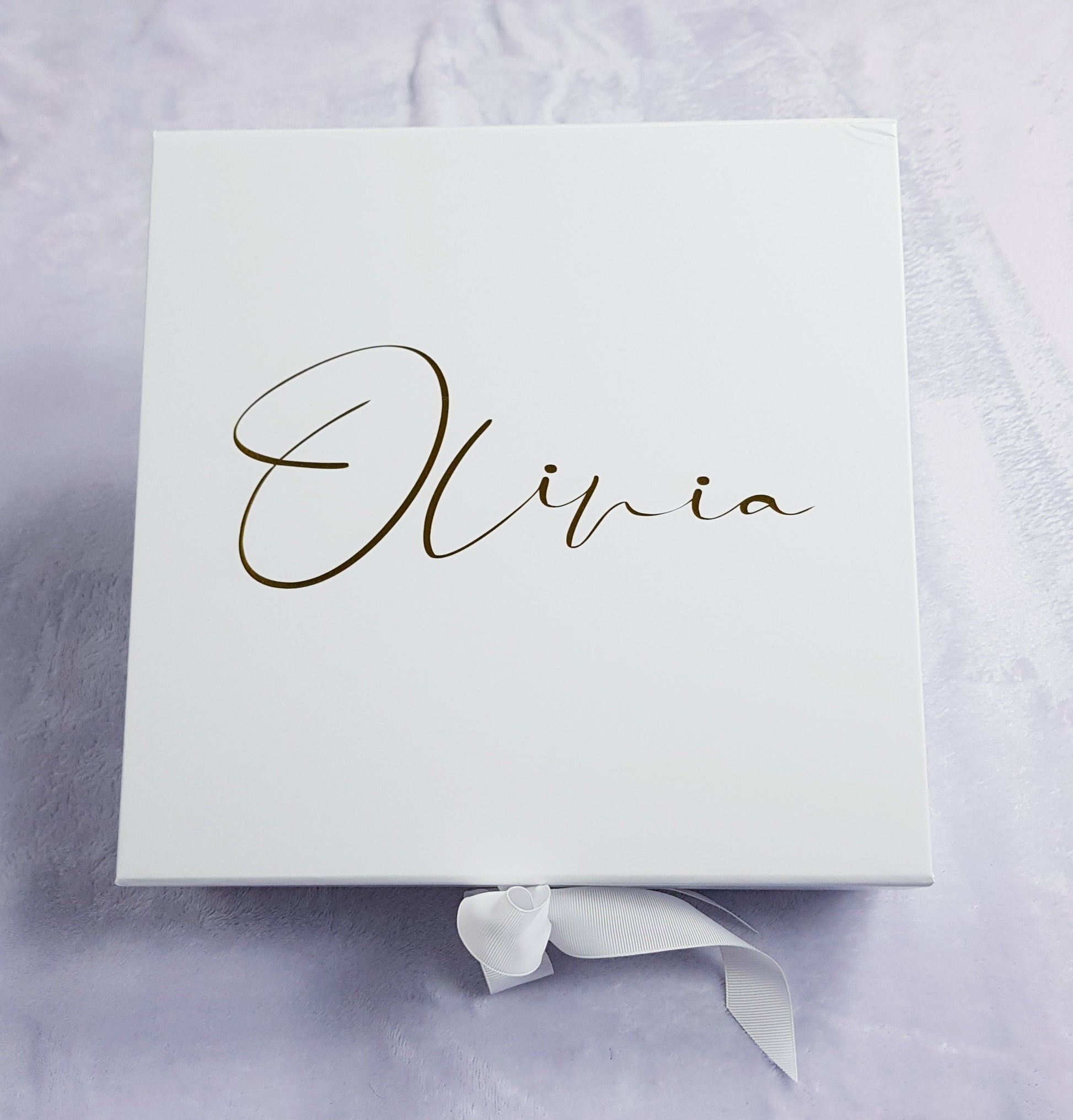 Personalised pink magnetic gift box with gold vinyl text and magnetic closure, open to display interior