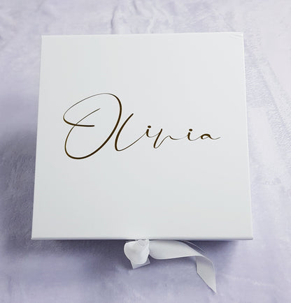 Personalised pink magnetic gift box with gold vinyl text and magnetic closure, open to display interior
