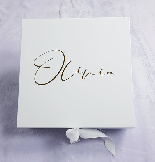 Personalised pink magnetic gift box with gold vinyl text and magnetic closure, open to display interior