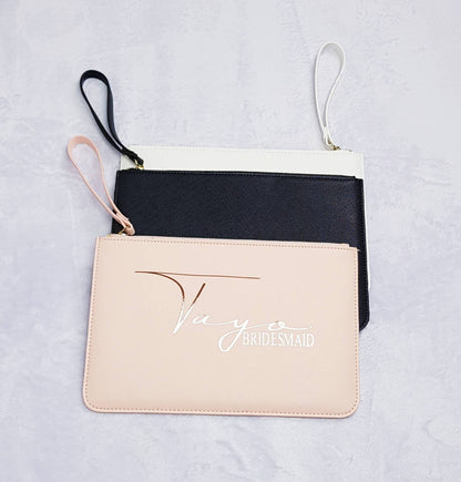 Personalised bridal clutch bags in multiple colours showing name and role personalisation